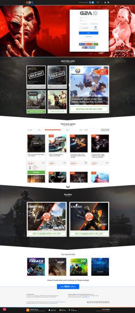 Fragment strony internetowej G2A z ofertami gier, promocjami i bestsellerami, widoczne elementy interfejsu użytkownika i grafiki gier.