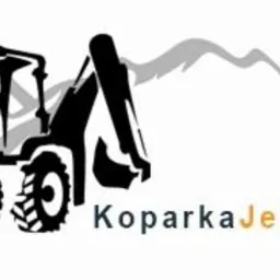 Czarno-biała grafika koparki z nazwą firmy 'Koparka Jelenia Góra' i stylizowanym tłem górskim.