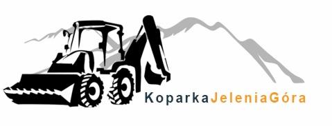 Czarno-biała grafika koparki z nazwą firmy 'Koparka Jelenia Góra' i stylizowanym tłem górskim.