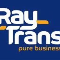 Logo firmy Ray Trans na granatowym tle z pomarańczowymi akcentami i hasłem 'pure business'.