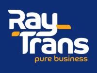 Logo firmy Ray Trans na granatowym tle z pomarańczowymi akcentami i hasłem 'pure business'.