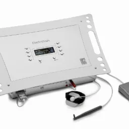 Urządzenie do elektrolizy z wyświetlaczem, elektrodą, opaską i pedałem nożnym, ustawione na białym tle.