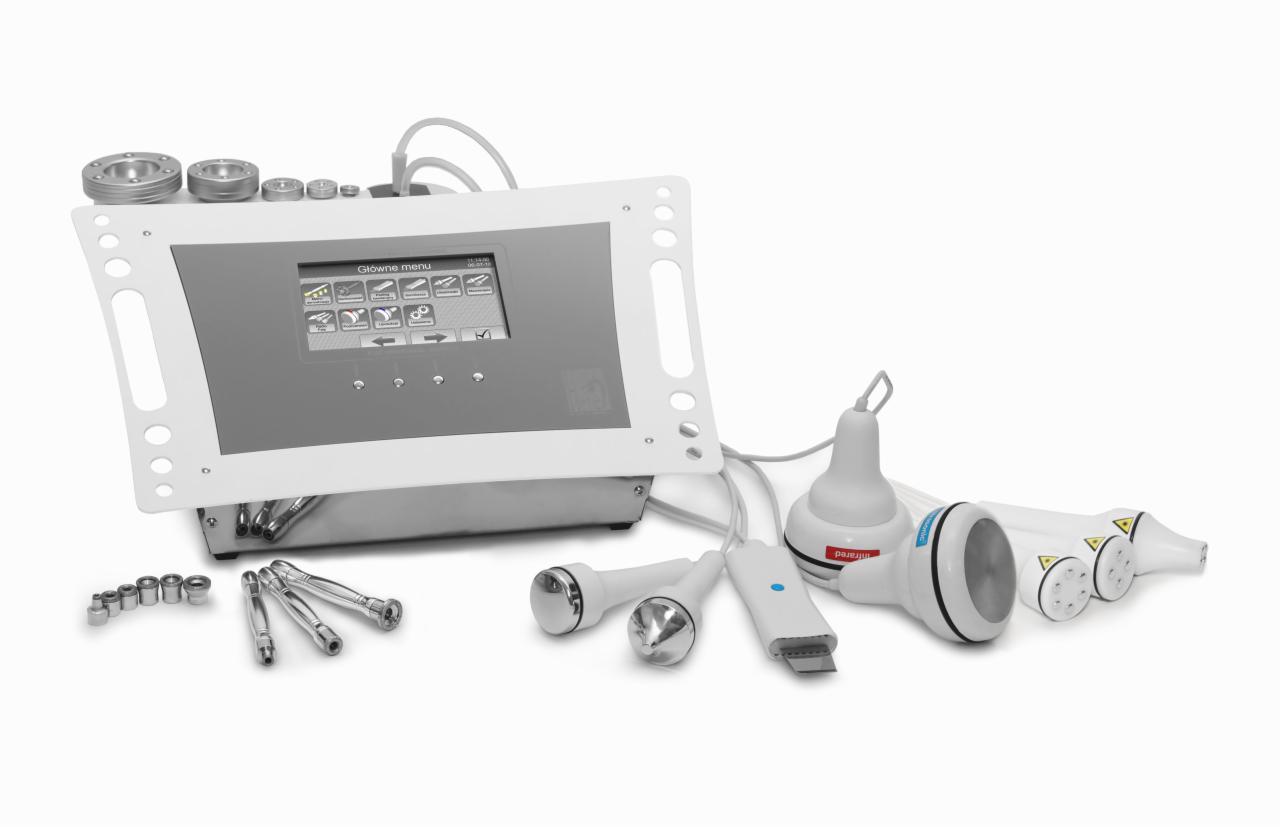 Profesjonalne urządzenie do zabiegów kosmetycznych z różnymi głowicami i panelem sterowania dotykowego.