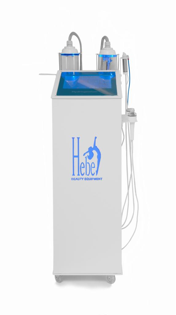 Profesjonalny sprzęt kosmetyczny do hydrabrazji z zbiornikami i niebieskim podświetleniem, logo Hebe Beauty Equipment na białej obudowie.