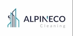 Logo firmy Alpineco Cleaning z minimalistycznym symbolem alpinisty na tle stylizowanych budynków.