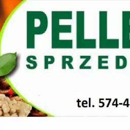 Grafika reklamowa: zielony napis 'PELLET SPRZEDAŻ' na białym tle, obok ogień, drewno i zielone listki, pod spodem numer telefonu.