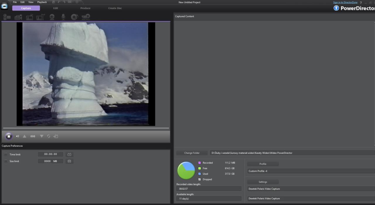 Zrzut ekranu programu do edycji wideo PowerDirector, prezentujący proces przechwytywania obrazu z kasety VHS, na podglądzie widoczny lodowiec na tle gór.