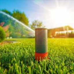 Lewandowski Błażej Green Line - Automatyczny zraszacz ogrodowy na trawniku, rozpylający wodę w promieniach słońca, z widocznym budynkiem w tle.