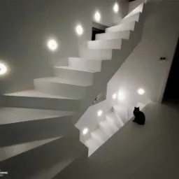 Białe schody z oświetleniem punktowym i czarnym kotem. Nowoczesne wykończenie wnętrza z dekoracyjną posadzką betonową. Minimalistyczny design.