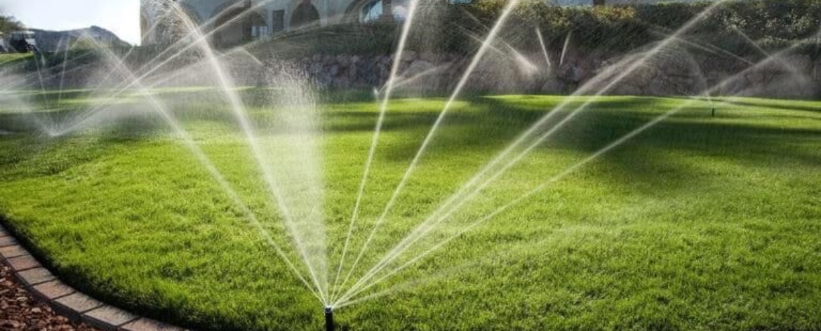 Automatyczny system nawadniania trawnika w akcji, z widocznymi dyszami rozpylającymi wodę na soczystą, zieloną trawę, obrzeża z kostki brukowej i fragment budynku w tle.