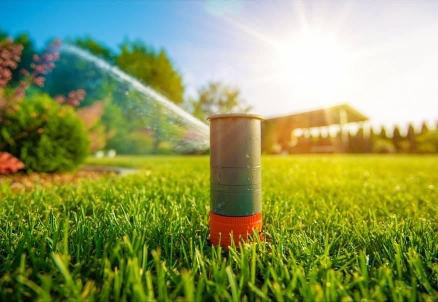 Automatyczny zraszacz ogrodowy na trawniku, rozpylający wodę w promieniach słońca, z widocznym budynkiem w tle.