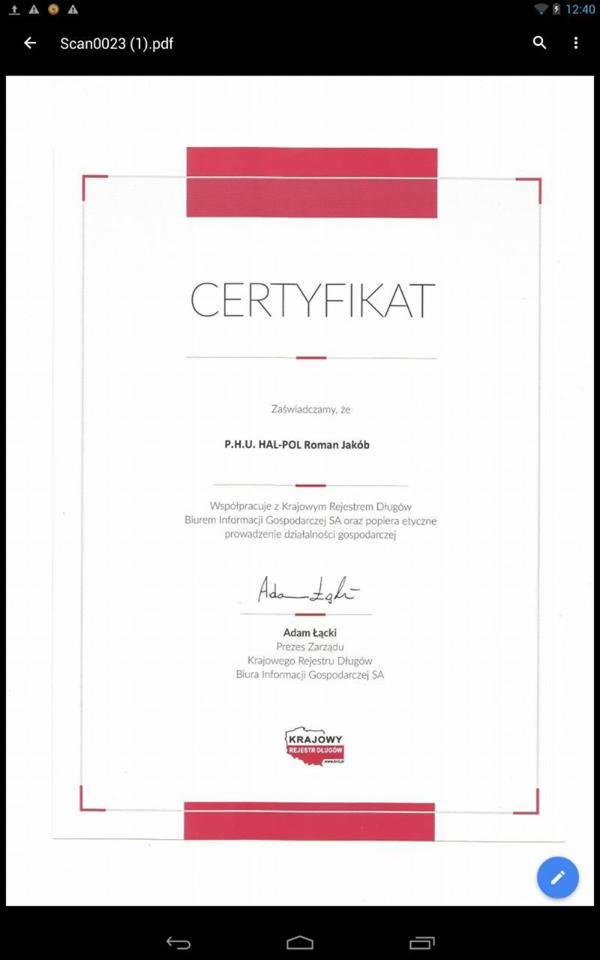 Skan certyfikatu P.H.U. HAL-POL Roman Jakób za współpracę z Krajowym Rejestrem Długów, podpisany przez Adama Łąckiego, Prezesa Zarządu.