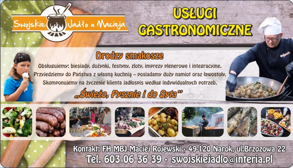 Ulotka reklamowa firmy cateringowej oferującej obsługę imprez plenerowych i integracyjnych, z hasłem 'Świeżo, Pysznie i do Syta'.