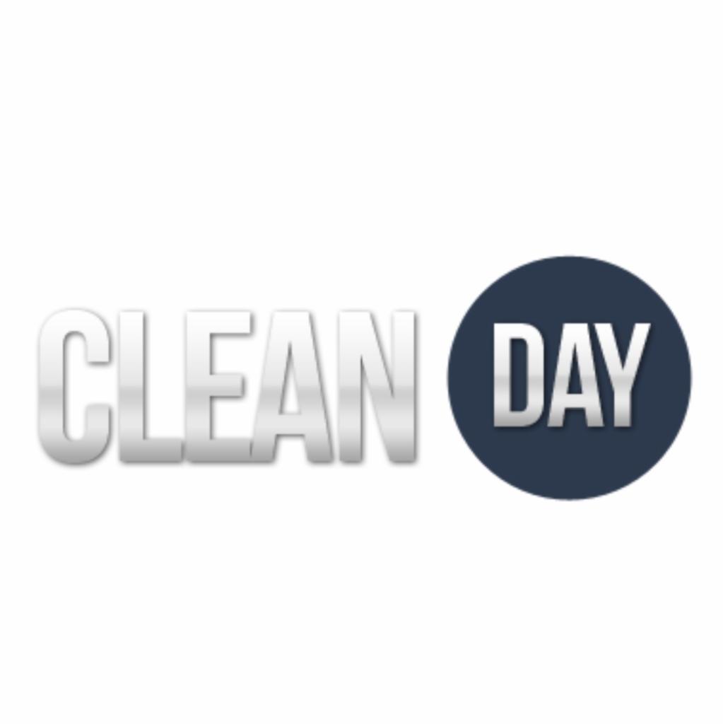 Logo firmy sprzątającej 'CLEAN DAY' z srebrnym napisem i granatowym okręgiem na białym tle.