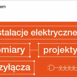 Grafika w odcieniach pomarańczy i bieli prezentująca usługi: instalacje elektryczne, pomiary, projekty i przyłącza. Zawiera schemat elektryczny i logo firmy EAP system.
