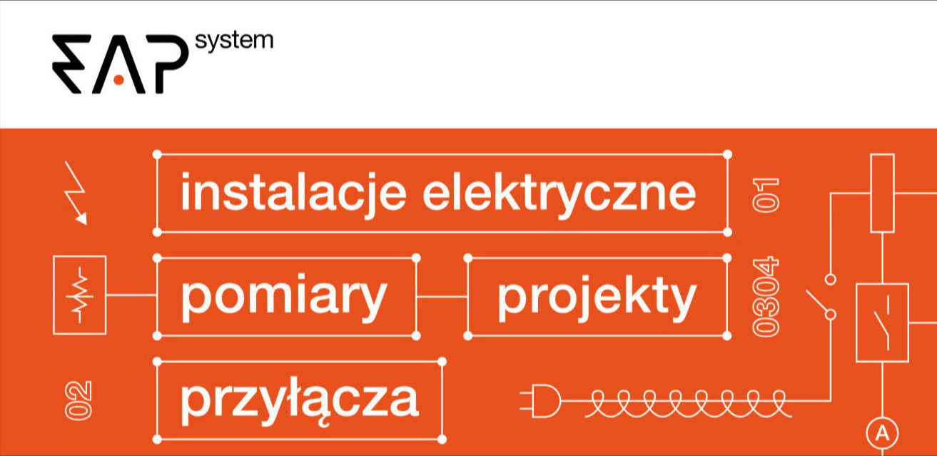 Grafika w odcieniach pomarańczy i bieli prezentująca usługi: instalacje elektryczne, pomiary, projekty i przyłącza. Zawiera schemat elektryczny i logo firmy EAP system.