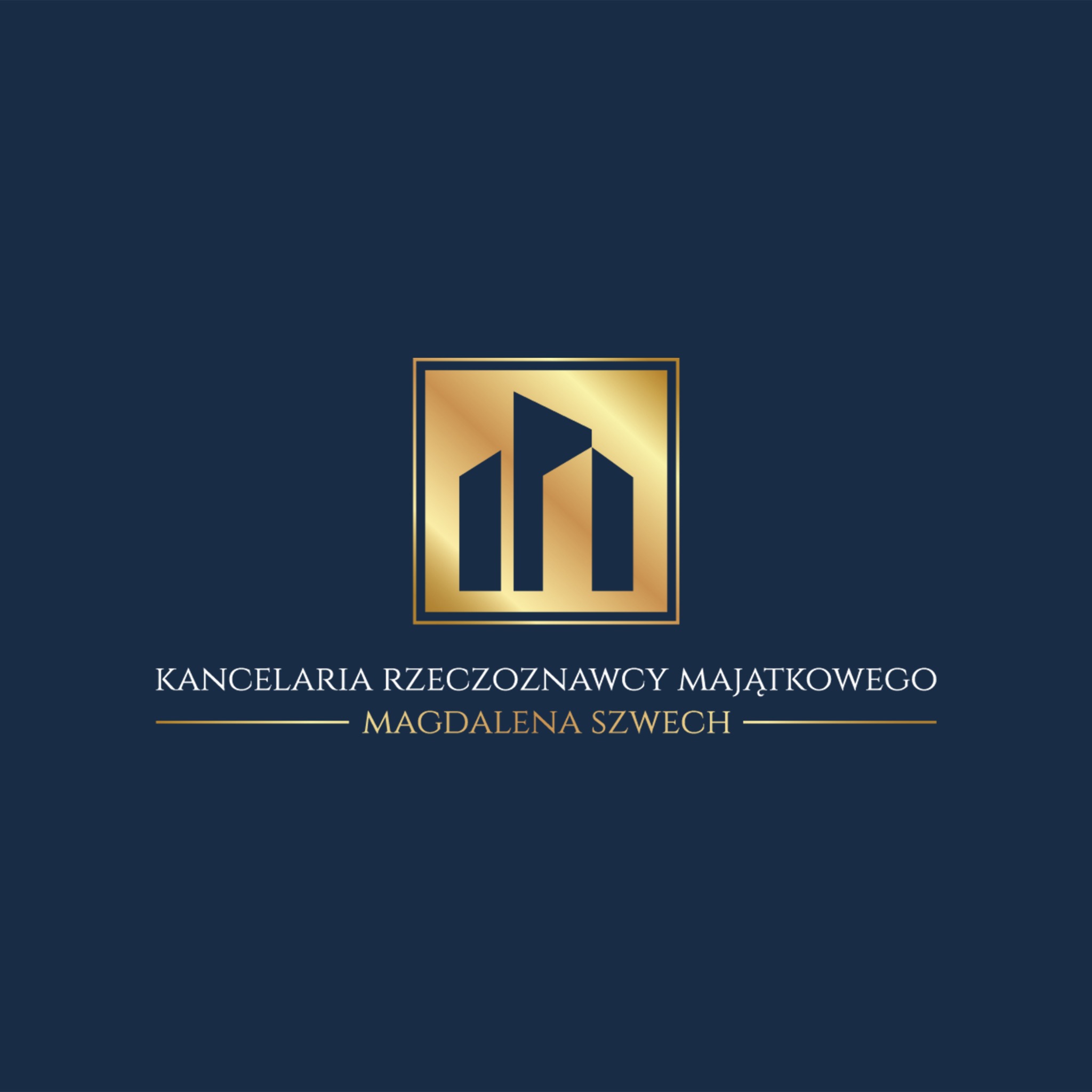 Eleganckie logo Kancelarii Rzeczoznawcy Majątkowego Magdaleny Szwech na granatowym tle, z abstrakcyjnym złotym symbolem budynku w kwadracie.