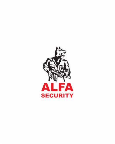 Logo: Stylizowana postać ochroniarza z głową wilka, trzymająca broń, nad czerwonym napisem 'ALFA SECURITY'.