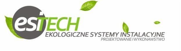 Logo firmy EsiTECH, specjalizującej się w ekologicznych systemach instalacyjnych, projektowaniu i wykonawstwie, z elementami graficznymi liści.