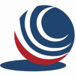 Abstrakcyjne logo: niebieska kula z białymi łukami i czerwonym elementem u dołu, rzucająca cień.