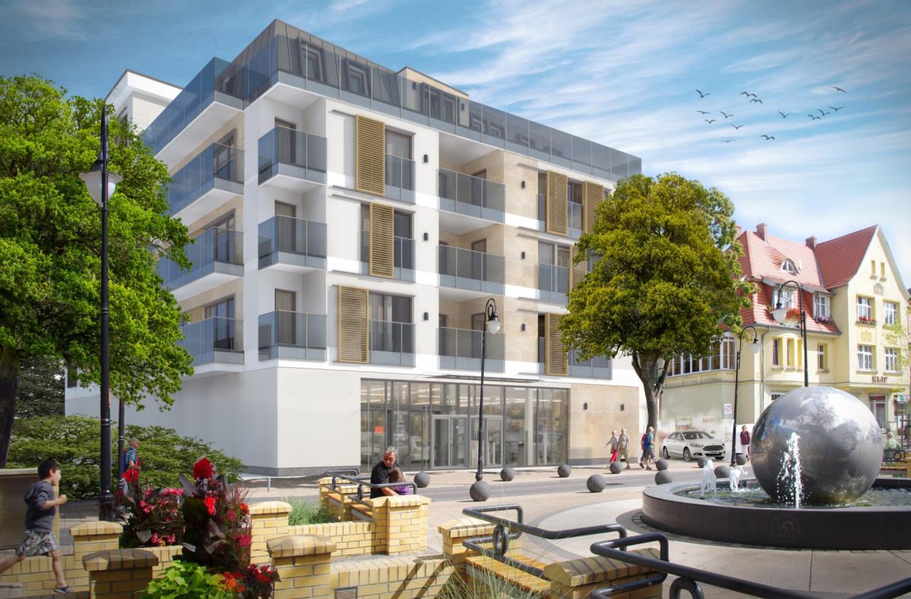 Wizualizacja nowoczesnego apartamentowca z przeszklonymi balkonami i drewnianymi żaluzjami, usytuowanego w centrum miasta z fontanną kulistą i drzewami.