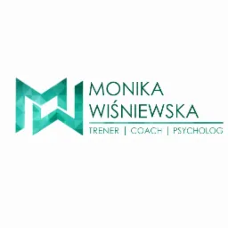 Logo firmy Monika Wiśniewska, trener, coach i psycholog. Logo w kolorze turkusowym, z geometrycznym symbolem po lewej stronie.