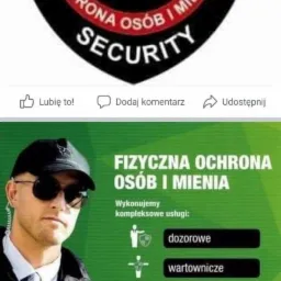Grafika reklamowa z logiem firmy, orłem i hasłem 'Ochrona Osób i Mienia Security', prezentująca ochroniarza w okularach przeciwsłonecznych oraz listę oferowanych usług: dozorowe, wartownicze...