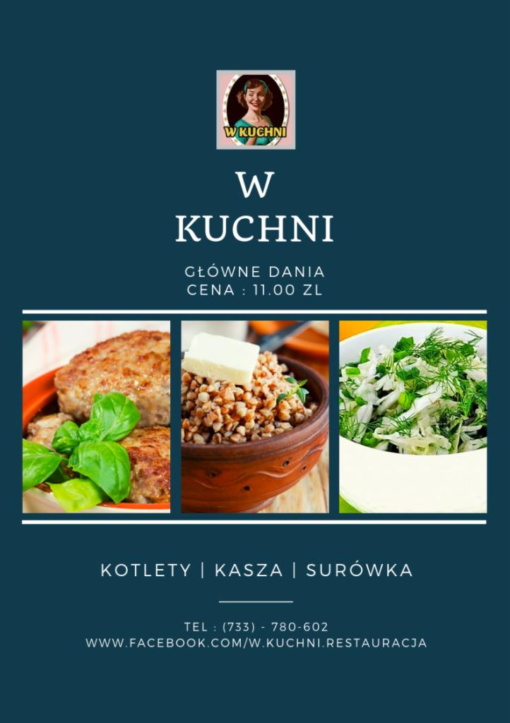 Menu restauracji: kotlety z bazylią, kasza z masłem i surówka z koperkiem, cena 11 zł.