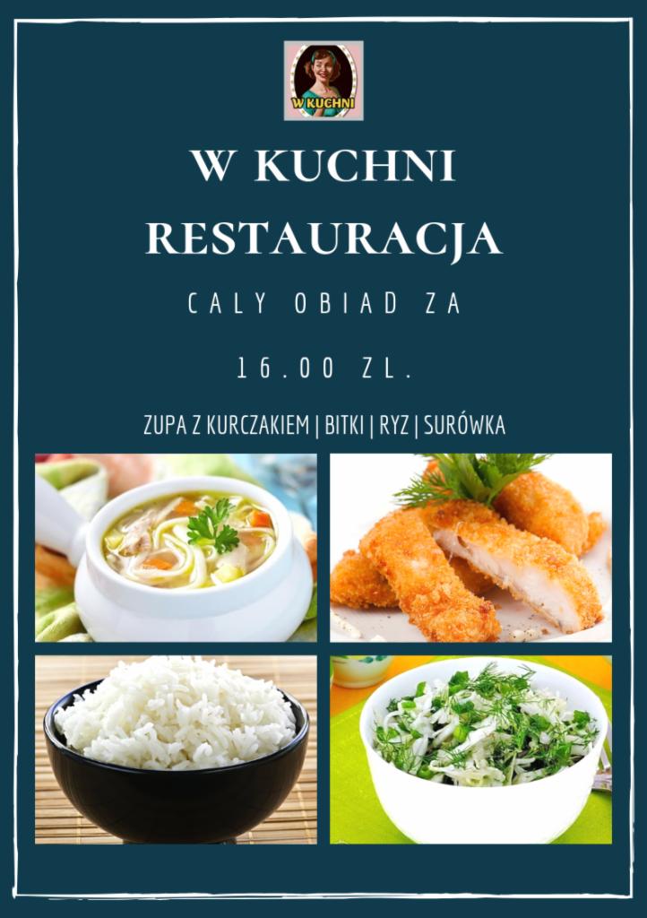 Menu restauracji z ceną 16 zł za cały obiad, zawierający zupę z kurczakiem, bitki, ryż i surówkę, prezentowane w czterech kwadratowych kadrach.