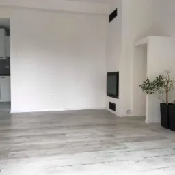 Jasne wnętrze po remoncie z panelami podłogowymi imitującymi drewno, białymi ścianami, minimalistycznym kominkiem i roślinami w czarnych donicach.