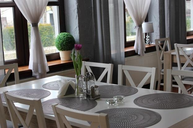 Ustawiony stół z białym obrusem, okrągłymi szarymi podkładkami, serwetkami, solniczką, pieprzniczką i wazonem z pojedynczym tulipanem, w tle okno z białymi zasłonami i dekoracyjna roślina.