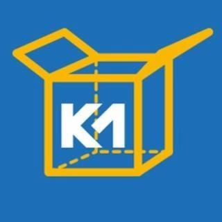 Żółty kontur otwartego kartonu z napisem K1 na niebieskim tle, symbolizujący usługi transportowe i logistyczne.