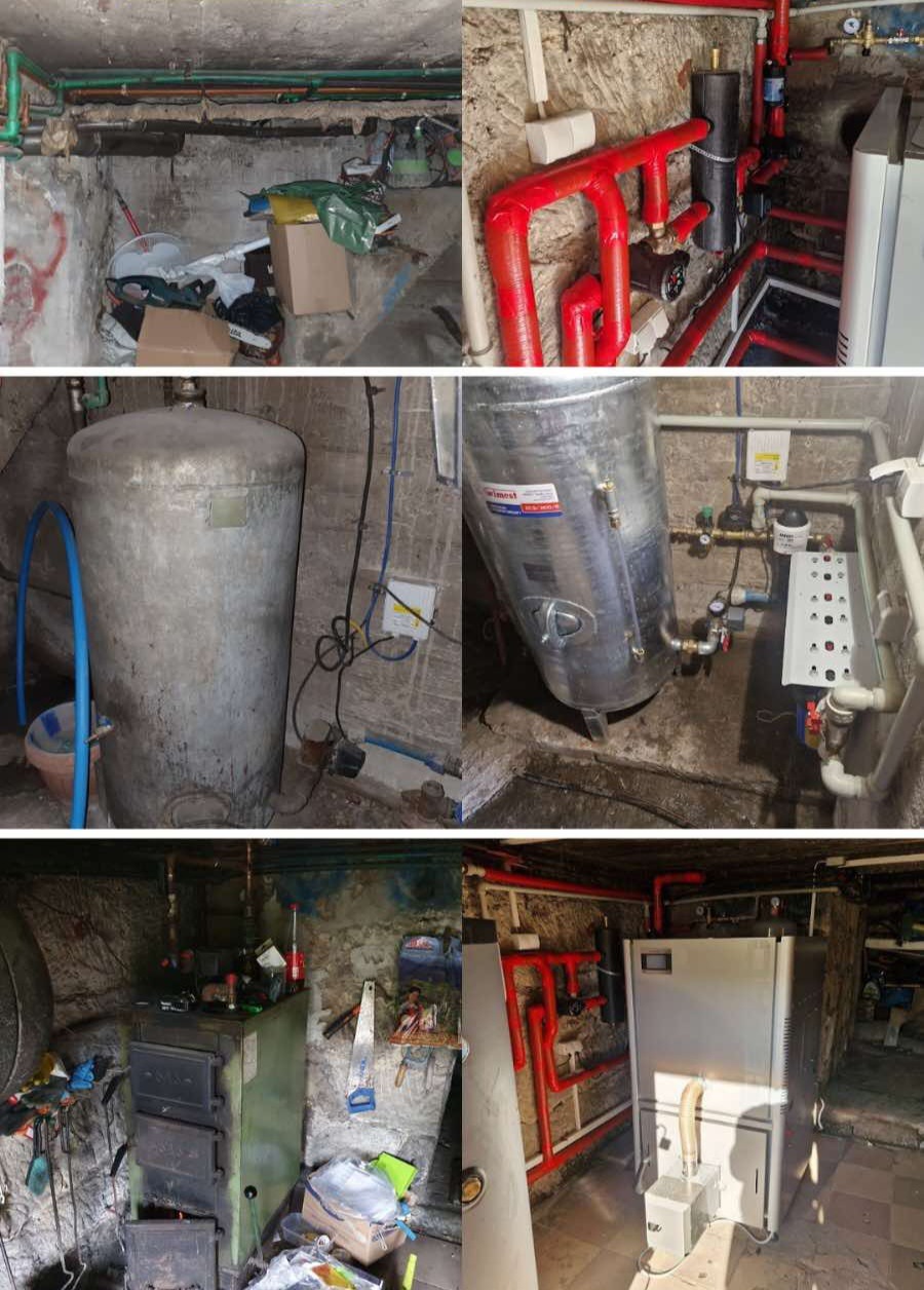 Kolaż zdjęć z piwnicy ukazujący różnego rodzaju instalacje: starą instalację grzewczą z piecem węglowym, zbiornik buforowy, oraz nową instalację z rurami w czerwonej izolacji i nowoczesnym kotłem...