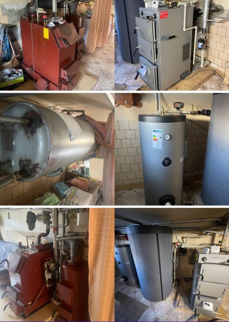 Kolaż przedstawiający kotły grzewcze i zbiorniki na wodę w piwnicy z widocznymi rurami i instalacjami.