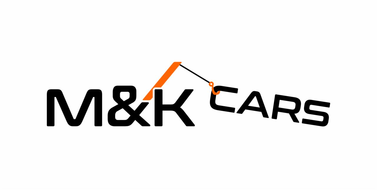 Logo firmy M&K Cars z dźwigiem zamiast litery 'K', na białym tle.