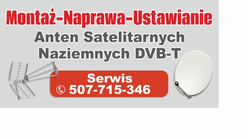 Grafika reklamowa: Antena satelitarna, antena naziemna DVB-T oraz numer telefonu serwisu.