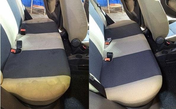 Porównanie fotela samochodowego przed i po czyszczeniu: widoczna różnica w kolorze i usunięte zabrudzenia na dolnej części siedzenia.