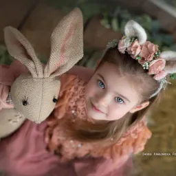 Dziewczynka z niebieskimi oczami, w różowej sukience i opasce z kwiatami i uszami królika, trzymająca pluszowego królika z koszyczkiem jajek, widziana z góry.