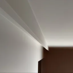 Detal wykończenia wnętrza: białe listwy przysufitowe zamontowane w rogu pokoju, oświetlone od dołu, tworzące minimalistyczny, nowoczesny efekt.