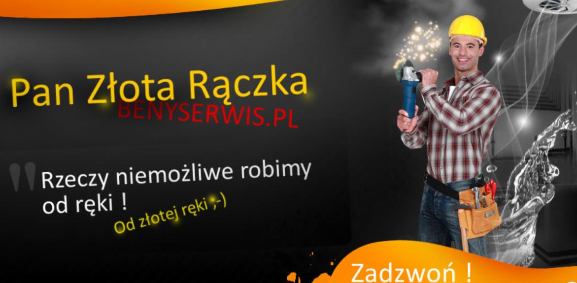 Mężczyzna w kasku ochronnym i pasem narzędziowym, trzymający wiertarkę kątową, z efektem iskier, na tle grafiki z instalacją wodną i hasłem reklamowym firmy.