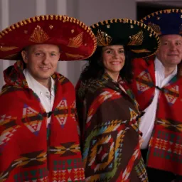 Trzy osoby w kolorowych sombrerach i ponczach z etnicznymi wzorami, pozujące do zdjęcia. Mężczyzna po lewej uśmiecha się, a jego ponczo jest czerwone. Kobieta pośrodku uśmiecha się, a jej ponczo...