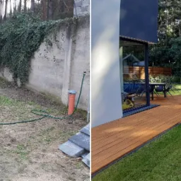 Porównanie stanu ogrodu przed i po metamorfozie: zaniedbany trawnik z wężem ogrodowym kontra zadbany trawnik, drewniany taras z meblami ogrodowymi, basen, rabaty kwiatowe i domek dla dzieci.