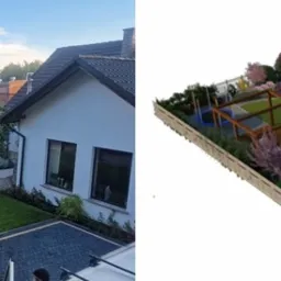 Porównanie: Zdjęcie istniejącego ogrodu z drewnianą altaną i trampoliną obok domu, zestawione z wizualizacją 3D tego samego ogrodu po projekcie z pergolą i miejscem na ognisko.