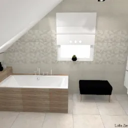 Wizualizacja łazienki na poddaszu z wanną obudowaną drewnopodobnymi panelami, umywalką nablatową na blacie z tego samego materiału, okrągłym lustrem w drewnianej ramie i geometrycznymi płytkami...