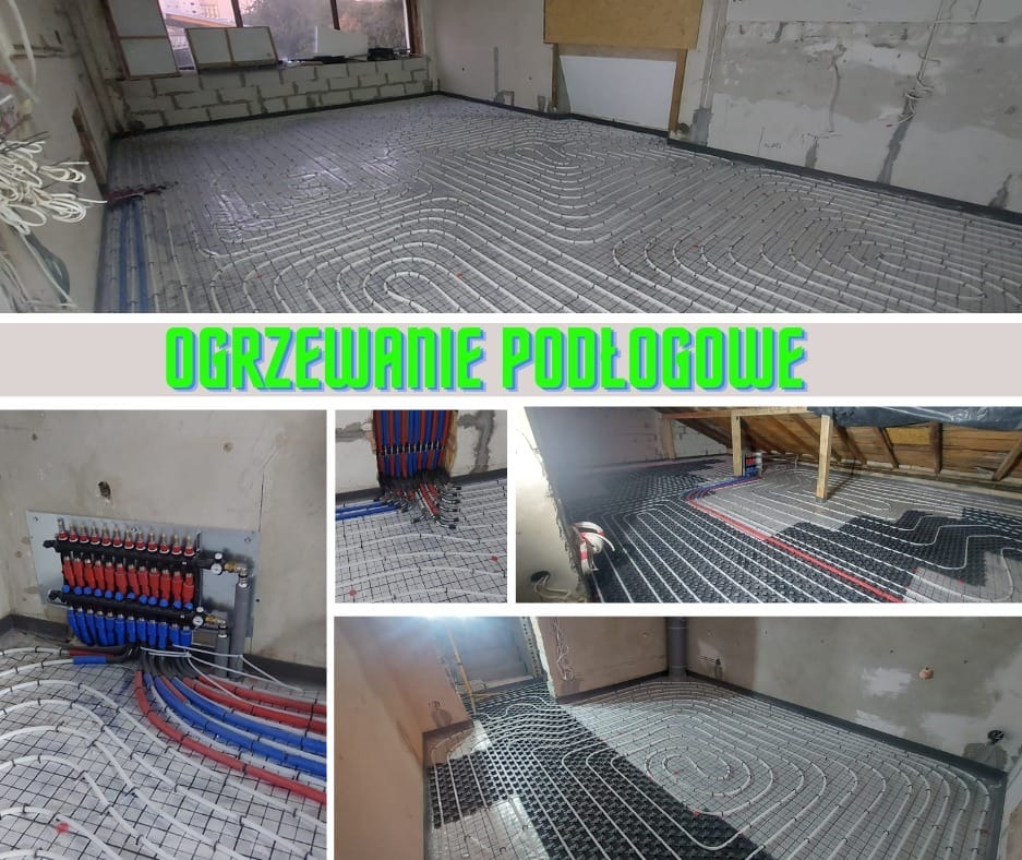 Rozdzielacz instalacji grzewczej z czerwono-niebieskimi rurami na ścianie, instalacja rur w systemie ogrzewania podłogowego na siatce w surowym wnętrzu budynku w trakcie budowy.