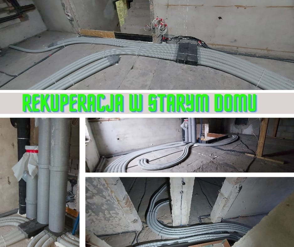 Wnętrze w trakcie prac instalacyjnych: szare, karbowane rury prowadzone po podłodze i wzdłuż ścian w surowym stanie. Widoczne przewody elektryczne i fragmenty konstrukcji budynku.