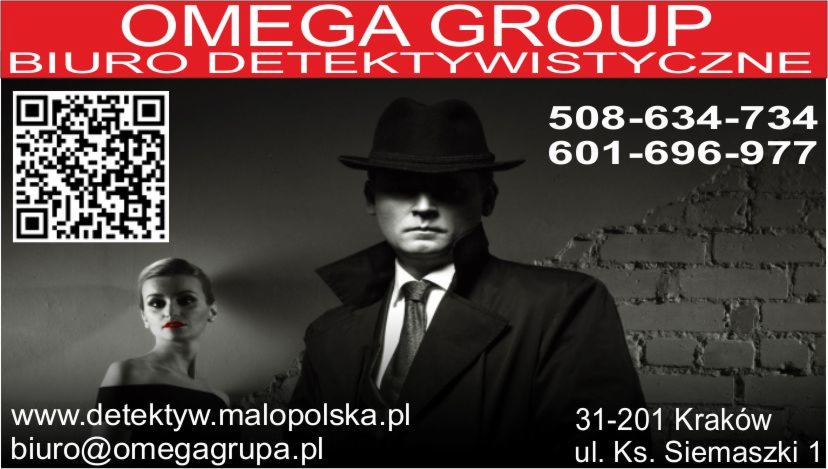 Czarno-biała wizytówka biura detektywistycznego Omega Group z detektywem w kapeluszu i płaszczu oraz kobietą z czerwonymi ustami, zawiera kod QR, adres strony internetowej, adres e-mail i numery...