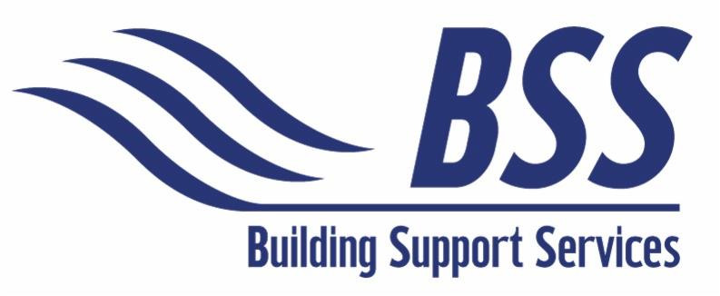 Logo firmy BSS Building Support Services w kolorze niebieskim, z trzema stylizowanymi falami nad napisem, na białym tle.