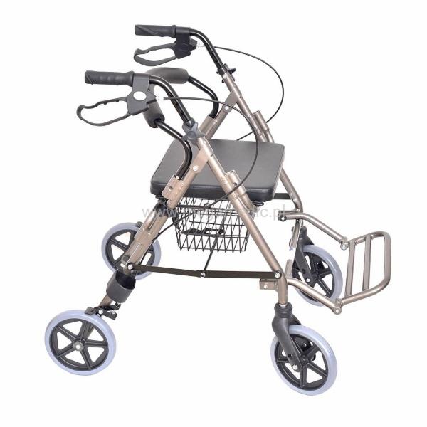 Składany chodzik rehabilitacyjny z siedziskiem i koszykiem, prezentowany w Warszawie, z widocznymi hamulcami przy uchwytach.