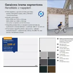 Reklama segmentowej bramy garażowej RenoMatic z dzieckiem na rowerze przed nią, paleta kolorów po lewej stronie i opis techniczny.